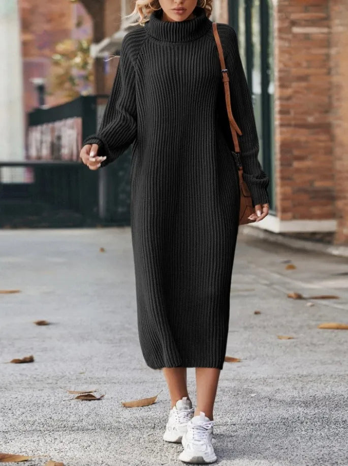 Winter New Women's Fashion Temperament Elegant Slim Fit Coat Long Woolen Dress Loose Casual High Neck Knitted Dress