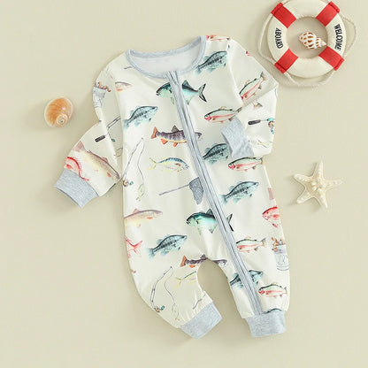 Baby Jumpsuit Long Sleeve Crew Neck Fish Print Zipper Closure Fall Romper Clothes for Boys Girls