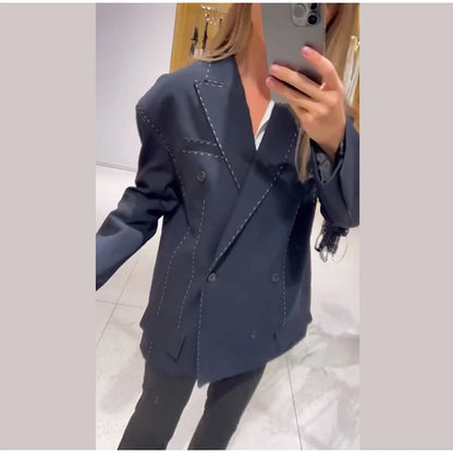 Casual Loose Women's Blazer Pant Suits Lapel Doube-Breasted Top Straight Pants Lady Set 2025 Autumn New 2 Pieces Set Women