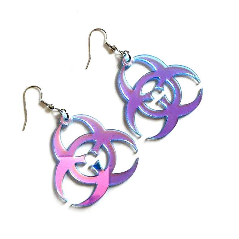 EtherealBe Halloween earrings for women with a vibrant biohazard design in iridescent colors
