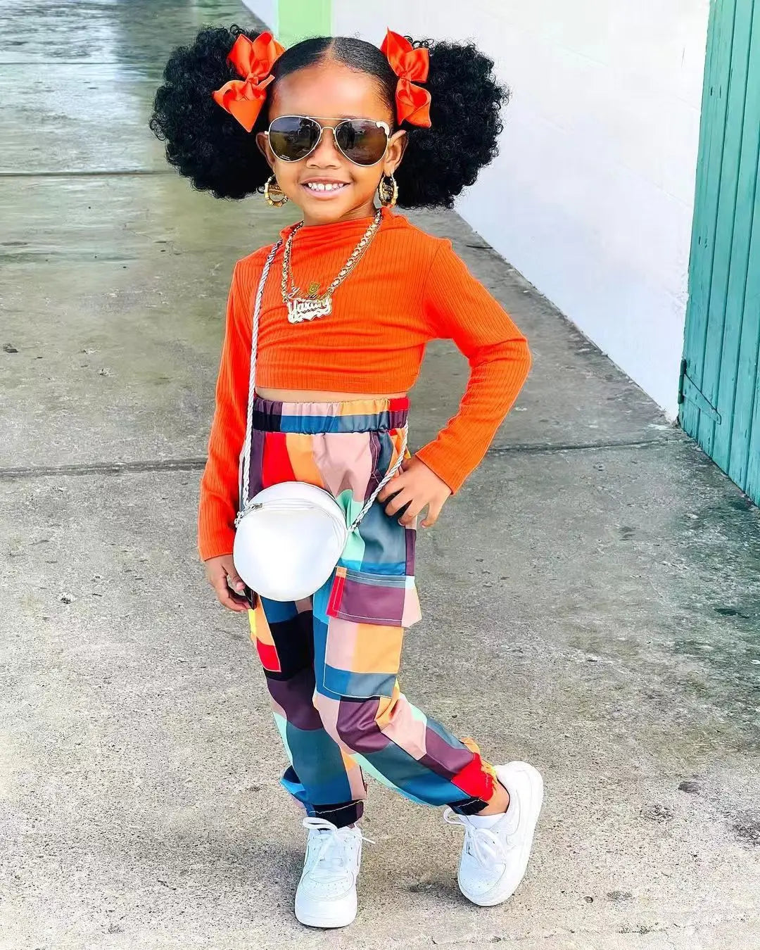 Qunq Girls' Spring 2024 New Fashionable Solid Color Long Sleeved Top Plaid Leggings Two-piece Set kids  girls clothes