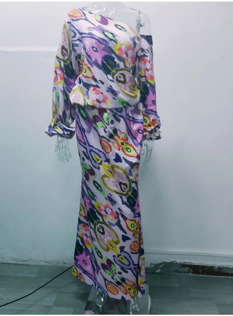 Autumn Casual Loose Print Two-piece Women Off Shoulder T-shirt Asymmetrical Long Sleeved Top And Half Body Fishtail Skirt Set