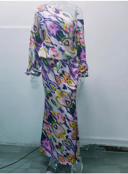Autumn Casual Loose Print Two-piece Women Off Shoulder T-shirt Asymmetrical Long Sleeved Top And Half Body Fishtail Skirt Set