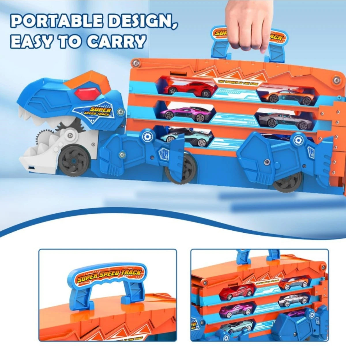 VATOS Dinosaur Transport Truck Car Toy 2 in 1 Ejection Folding Track Toys with Sound, Portable Truck Car Toy with 8 Race Cars