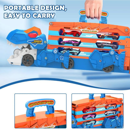 VATOS Dinosaur Transport Truck Car Toy 2 in 1 Ejection Folding Track Toys with Sound, Portable Truck Car Toy with 8 Race Cars