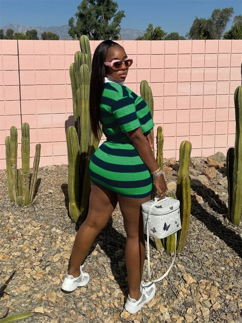 Sporty Fitness Striped Print 2 Pieces Set for Woman Streetwear Casual Turn-down Collar Shirt Crop Top and Mini Skirt Sets Summer