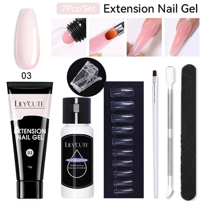 LILYCUTE 7Pcs/Set 15ml Clear Quick Extension Nail Gel with Slip Solution Nail Pusher Nail Clip Brush File Extension Gel Tools