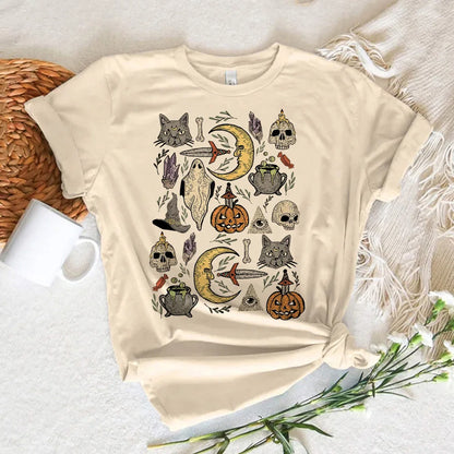 EtherealBe Halloween witch shirt women featuring spooky designs with pumpkins, skulls, and mystical elements