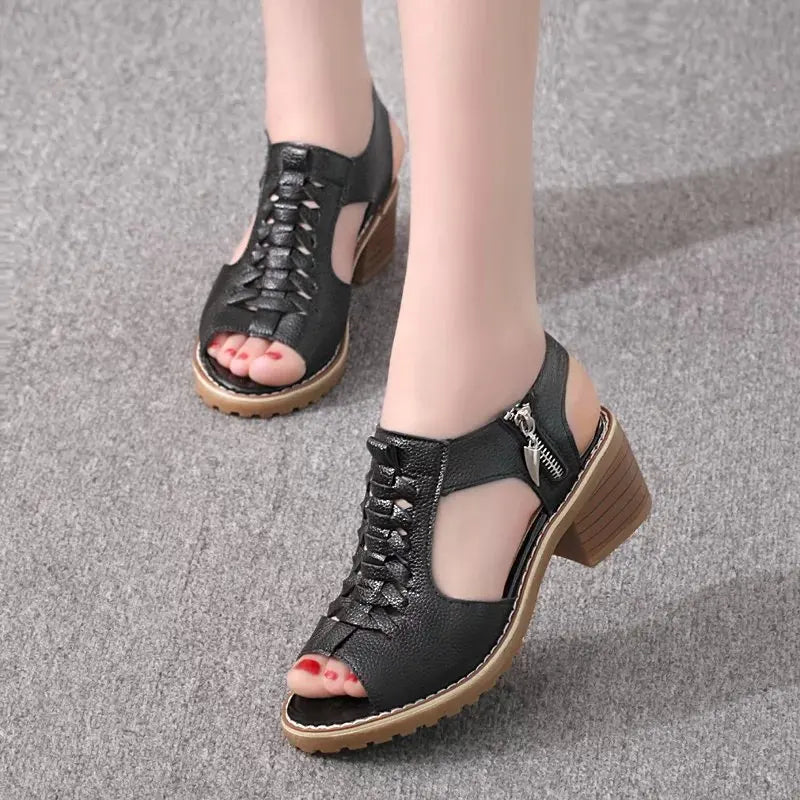 Comemore 2021 New Women's Square Heel Summer Shoes Leather Zip Gladiator Sandals Medium Heel Zip Platform Sandals High Heels 43