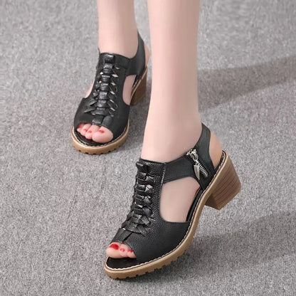 Comemore 2021 New Women's Square Heel Summer Shoes Leather Zip Gladiator Sandals Medium Heel Zip Platform Sandals High Heels 43