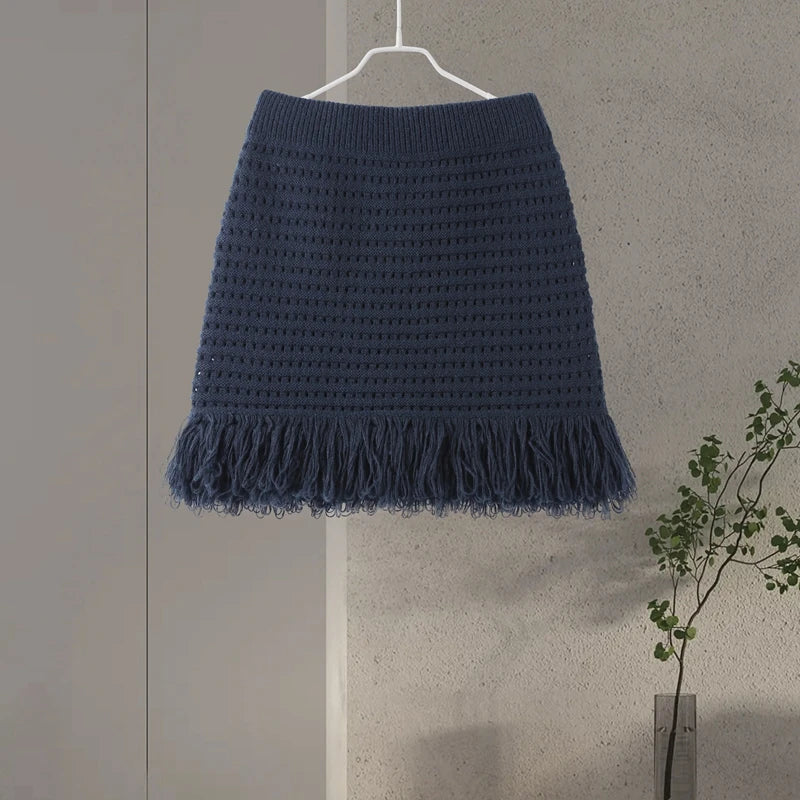 Sexy Knitted Tassel Top Skirt Women Set Dark Blue Long Sleeve Lapel Button Tops Pleated Mini Skirts 2025 Fashion Solid Lady Suit