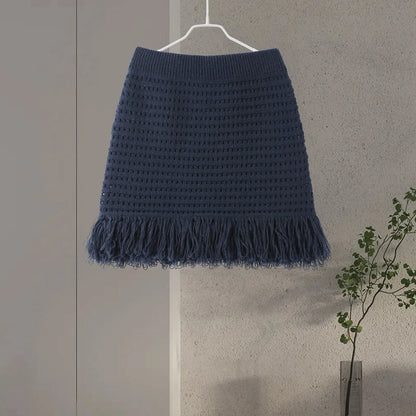 Sexy Knitted Tassel Top Skirt Women Set Dark Blue Long Sleeve Lapel Button Tops Pleated Mini Skirts 2025 Fashion Solid Lady Suit