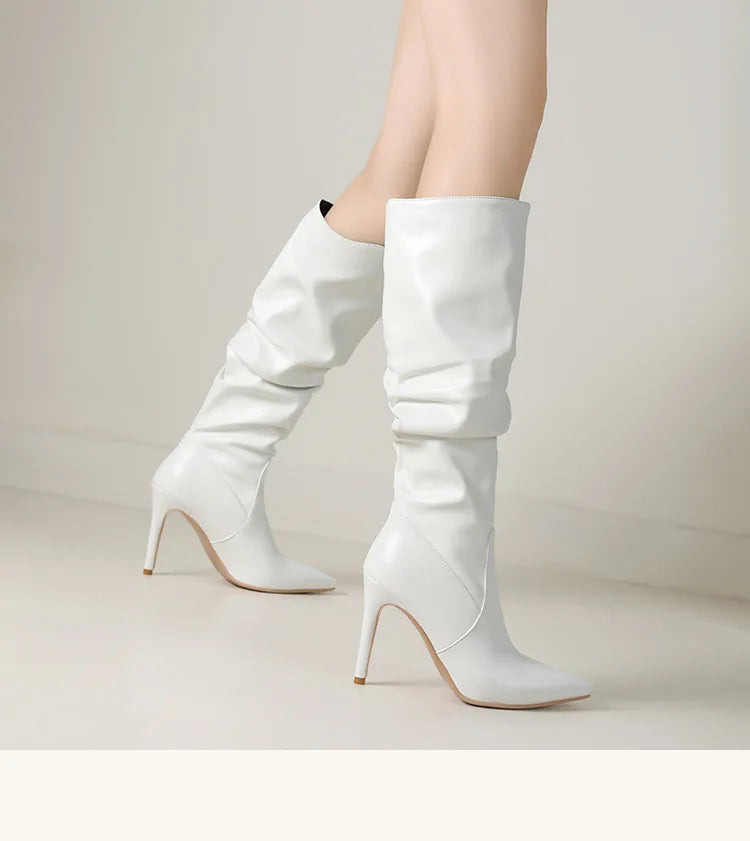 2025 Winter Knee Boots With Heels Woman 10CM Stiletto Fashion Slip on Pointy Autumn Shoes Women Soft Leather Pleated Long Boots