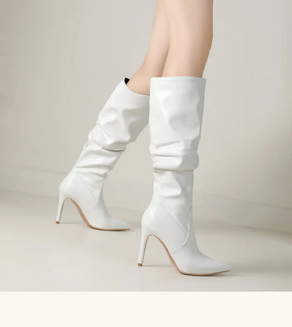 2025 Winter Knee Boots With Heels Woman 10CM Stiletto Fashion Slip on Pointy Autumn Shoes Women Soft Leather Pleated Long Boots