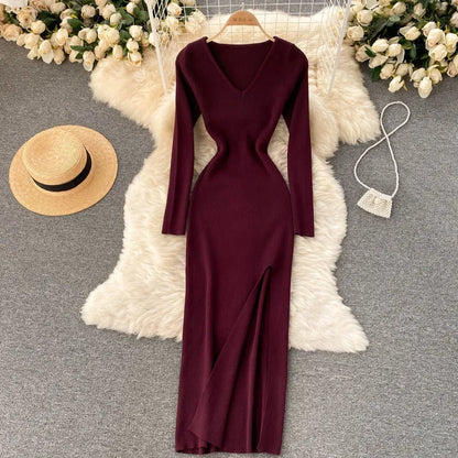 Autumn Winter Sexy High Split Sweater Dress Women Full Sleeve Basic Slim Elastic Bodycon Long Dress Party Vestidos