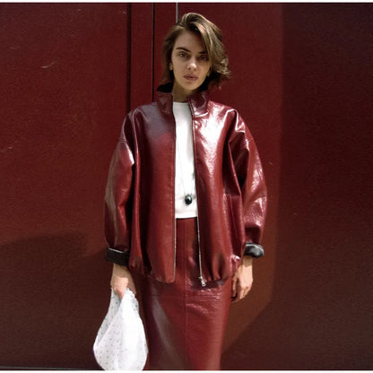 Leather Fashion Jacket Skirt Sets Women Zipper Loose Street Stand Collar Coats Straight Midi Skirts Suits 2025 Autumn Party Chic