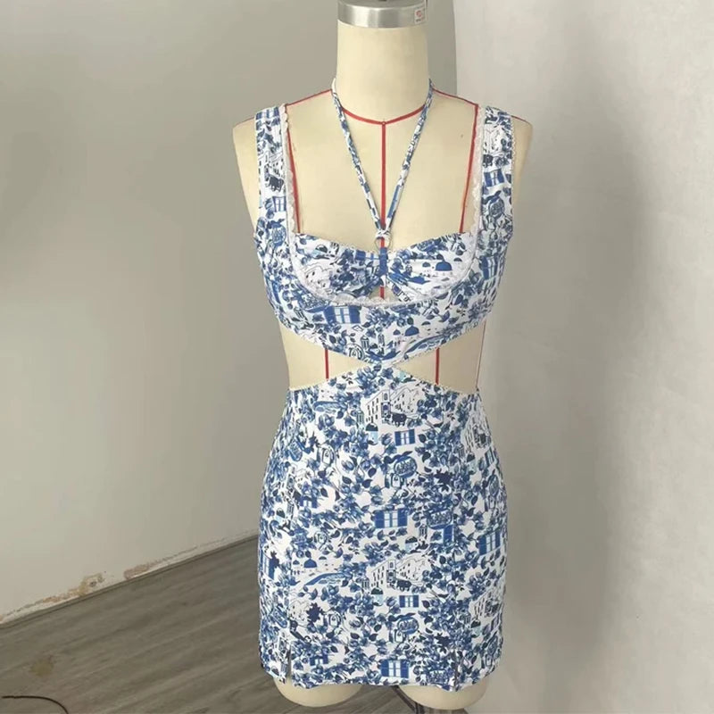 BEACHCICI Women's Bikini One Piece Summer Fashion Suspender Printed Tie Up Hollow Out Slit Beach Holiday Swimwear For Female