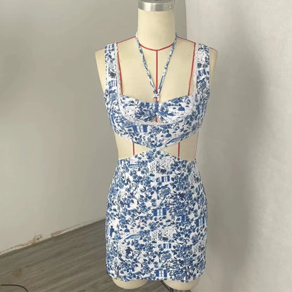 BEACHCICI Women's Bikini One Piece Summer Fashion Suspender Printed Tie Up Hollow Out Slit Beach Holiday Swimwear For Female