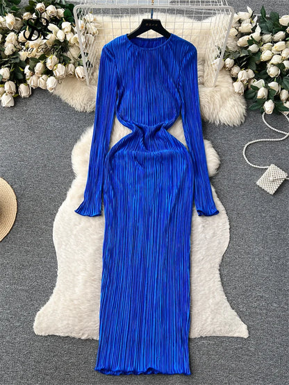 SINGREINY Solid Pleated Long Dress O Neck Full Flare Sleeves HIgh Elastic Female Skinny Fashion Autumn Retro Bodycon Party Dress