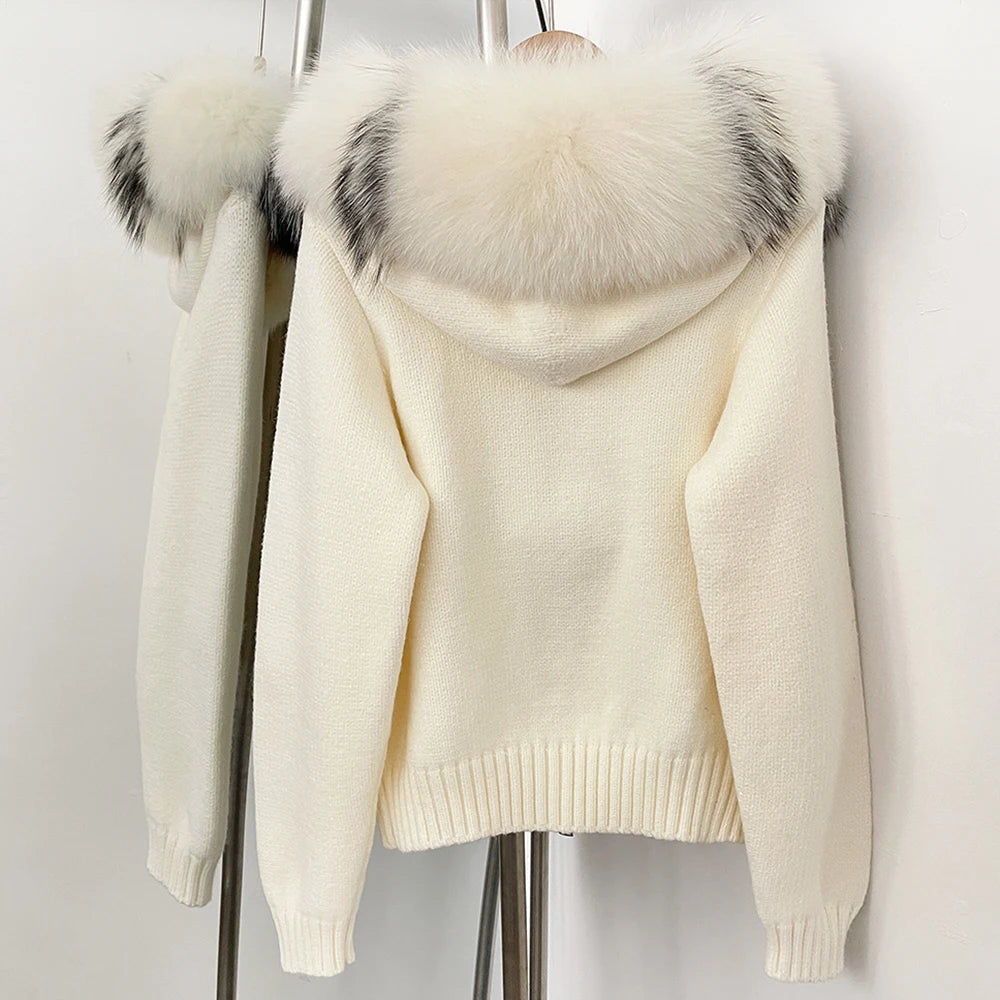 Coat Women Cardigan Natural Fox Fur Coat Women Real Mongolian Fur Knitwear Female Spring Autumn Hooded Knitted Fur Jacket