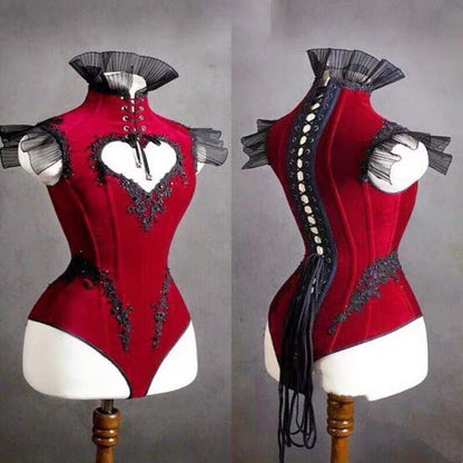 Wine Red Heart Cutout Strap Bodysuit Vintage Sexy High Neck Women Birthday Party Outfit Nightclub Bar Stage Performance Leotard