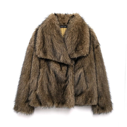 HH Winter Women Elegant Warm Plush Coat Turn-Down Collar Thick Cardigan Coat Female Pocket Long Sleeve Short Outerwear Mujer