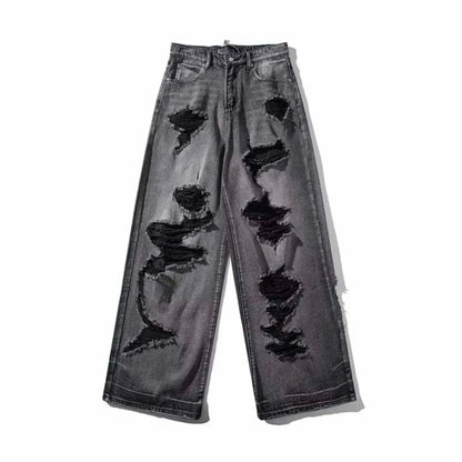 Ripped jeans for women in summer, cool, old high street American wide-leg pants loose and versatile straight trousers y2k jeans