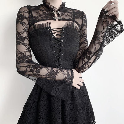 Vintage Dark Gothic Lace Mesh Long Flare Sleeve Overlay Turtleneck Covers Grunge Aesthetic Black Tops Streetwear for Women Egirl