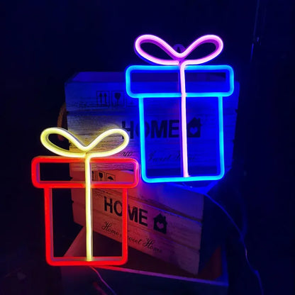 Christmas Gift Box Led Neon Sign Wall Light Santa Claus Coming Bedroom Kids Living Room Bar Party Wedding Decoration Night Lamp