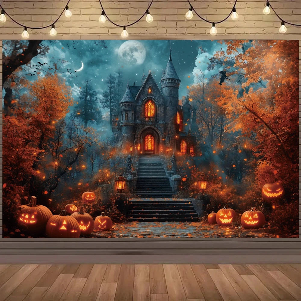 EtherealBe Halloween photo backdrop featuring a haunted castle and glowing jack-o'-lanterns in a spooky forest setting