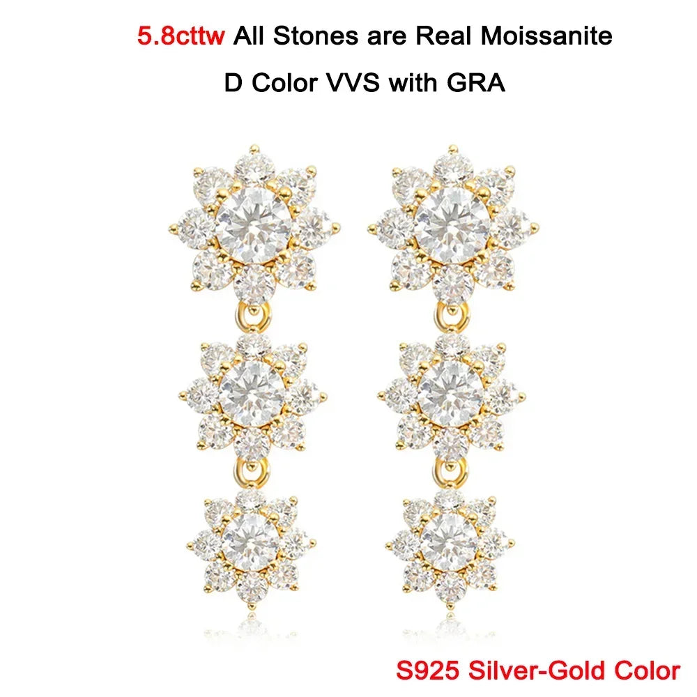 5.8cttw Full Sunflower Moissanite Drop Earrings for Women S925 Sterling Silver D Color Round Cut Diamond Earring Wedding Jewely