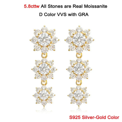 5.8cttw Full Sunflower Moissanite Drop Earrings for Women S925 Sterling Silver D Color Round Cut Diamond Earring Wedding Jewely