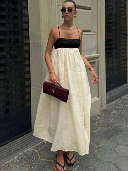 Contrast Loose Sling Women Dresses Sleeveless Backless Square Collar Female Dress 2024 Fashion High Waist Summer Sexy Lady Robe