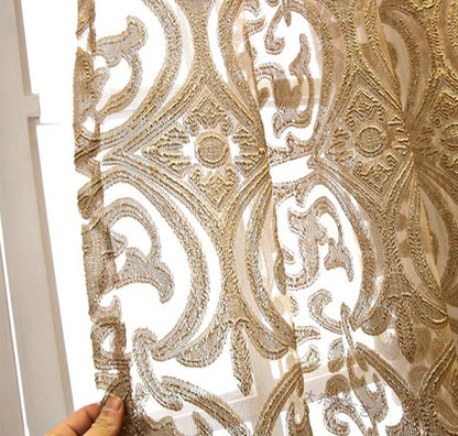 European Luxury Coffee with Golden Wire Jacquard Hollow Tulle Curtain for Living Room Palace Elgent Fabric Windows Drape ZH431#4