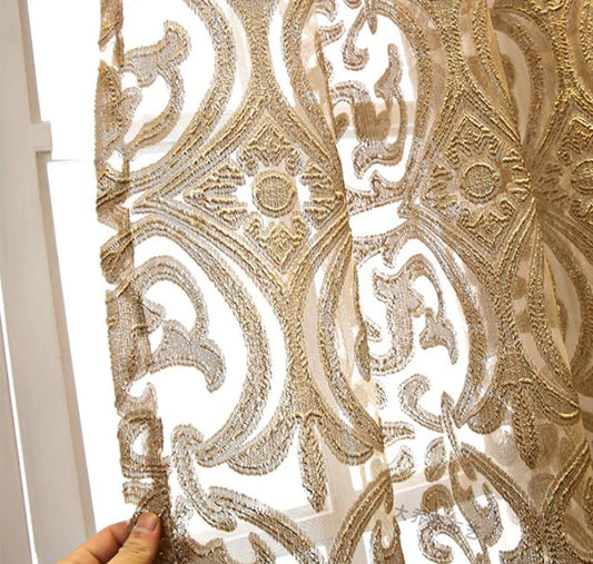 European Luxury Coffee with Golden Wire Jacquard Hollow Tulle Curtain for Living Room Palace Elgent Fabric Windows Drape ZH431#4