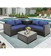 Qoutdoor PE wicker patio furniture rattan sectional loveseat couch set conversation sofa with storage box for balcony lawn a