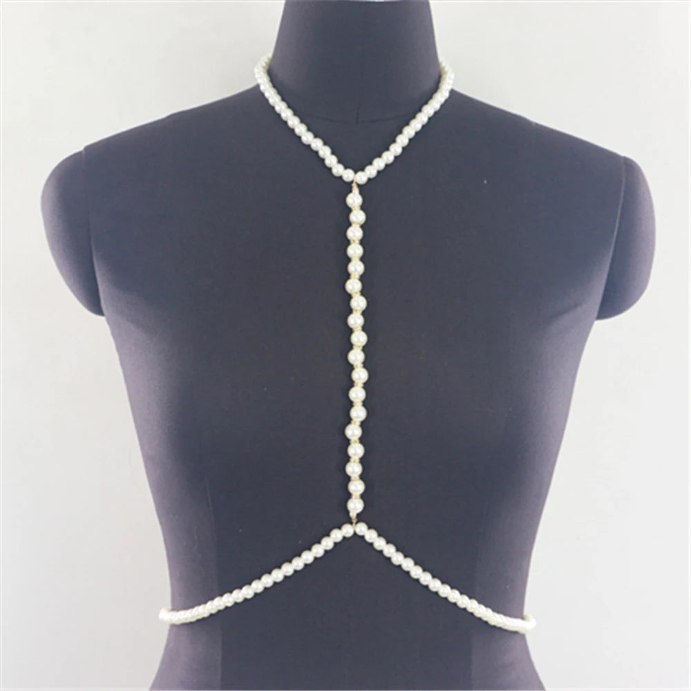 Stonefans Fashion Pearl Body Chain Bra Necklace Harness for Women Summer Sexy Bikini Crystal Belly Waist Chain Beach Jewelry
