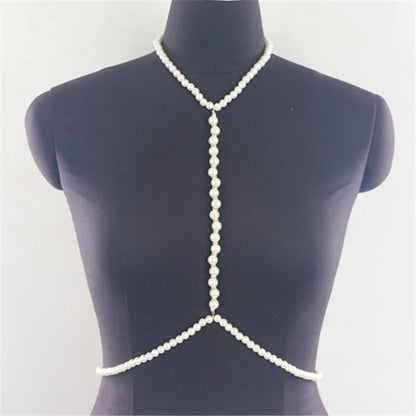 Stonefans Fashion Pearl Body Chain Bra Necklace Harness for Women Summer Sexy Bikini Crystal Belly Waist Chain Beach Jewelry