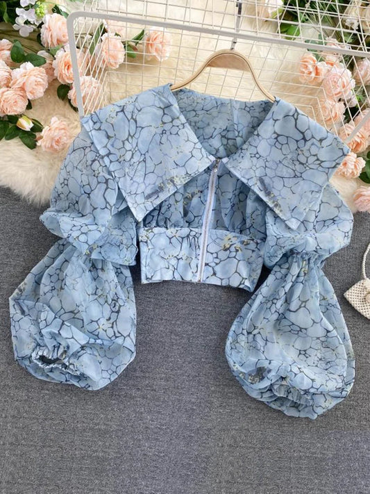 Women's  Autumn Spring Blouse European Court Style Retro Puff Sleeve Big Lapel Short Zipper Printed Shirts Female Blusa PL541
