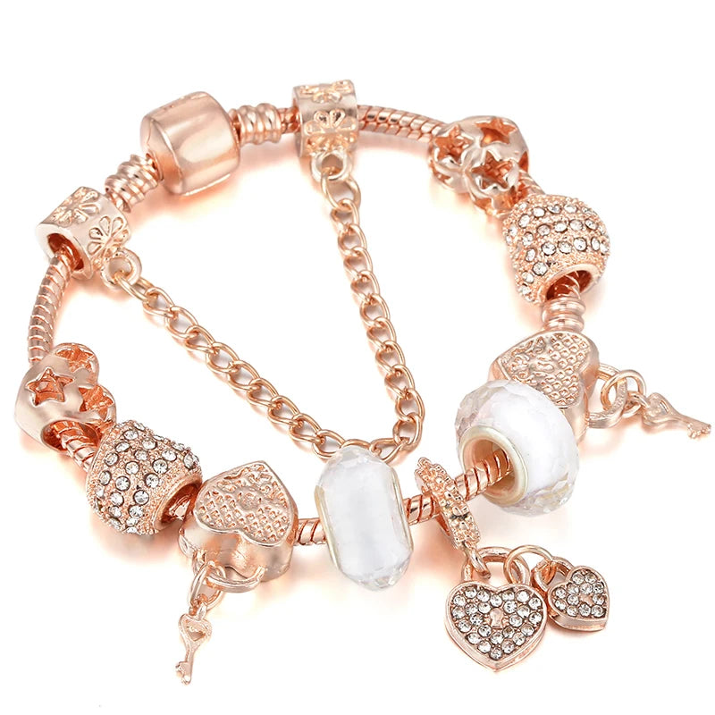 Spring Style Charms Bracelets For Women With Snake Chain Pink Daisy DIY Charms Beads Pendants Fashion Jewelry Dropshipping