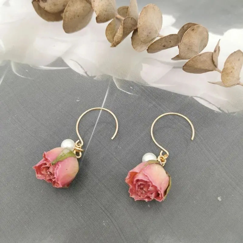 Unique Immortal Flower Earrings Elegant Natural Flower Pearl Drop Earrings Statement Jewelry Epoxy Resin Real Rose Earring 2024