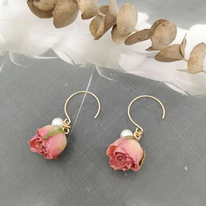 Unique Immortal Flower Earrings Elegant Natural Flower Pearl Drop Earrings Statement Jewelry Epoxy Resin Real Rose Earring 2024