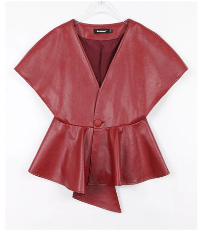 Nerazzurri Spring Short Red Faux Leather Vest Women Belt Runway Fashion Elegant Luxury Designer Clothes Sleeveless Jacket 2022