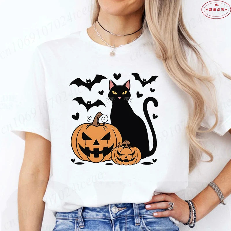 Black Cat Halloween Print Women's Summer T-shirt Casual Clothing Oversized Y2k Personality Short Sleeve Tops Spooky Season Tees