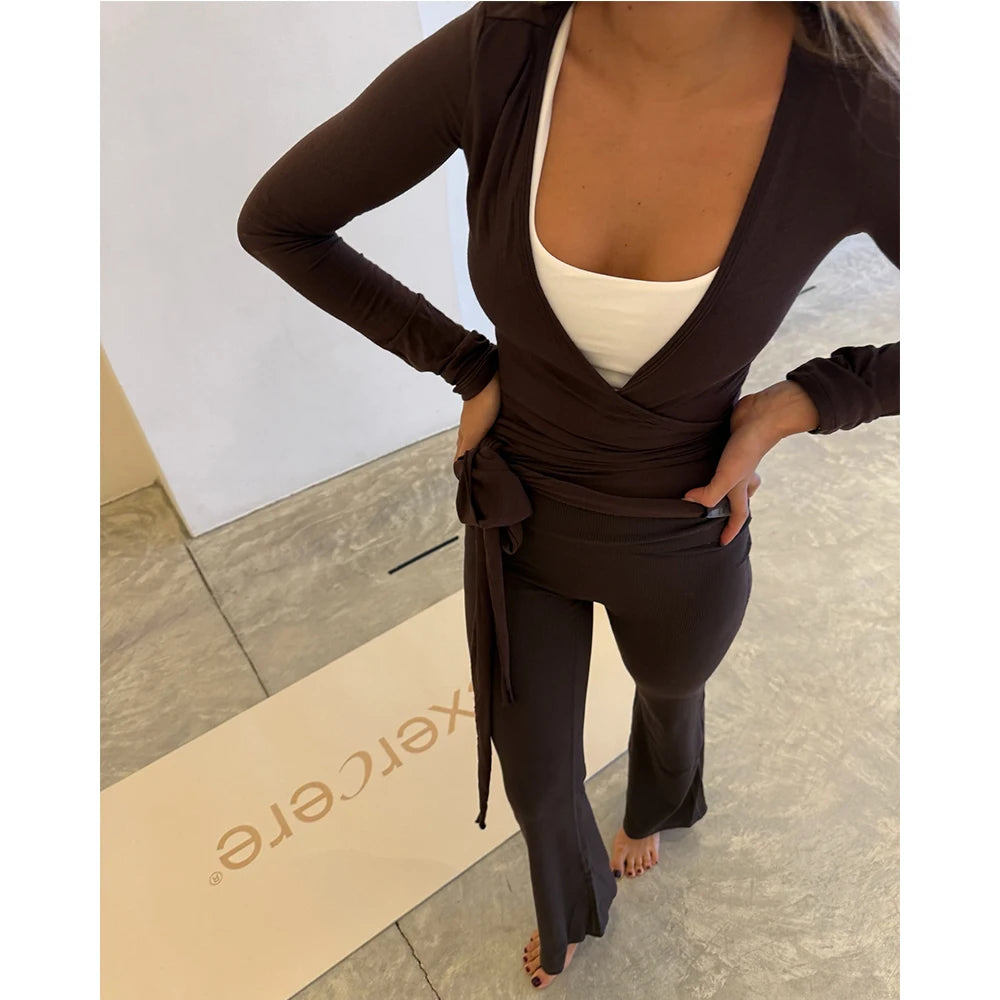 Women Autumn y2k Yoga 2 Piece Outfits Casual Solid Tie up Hem Wrap Long Sleeves V-neck Crop Tops Elastic Flare Pants Tracksuits