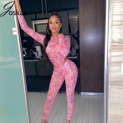 Joskaa Mesh Print Night Club Long Sleeve Bodysuit & Pants 2 Pieces Set Outfits Fashion Outwear Autumn 2020 Tracksuit Woman