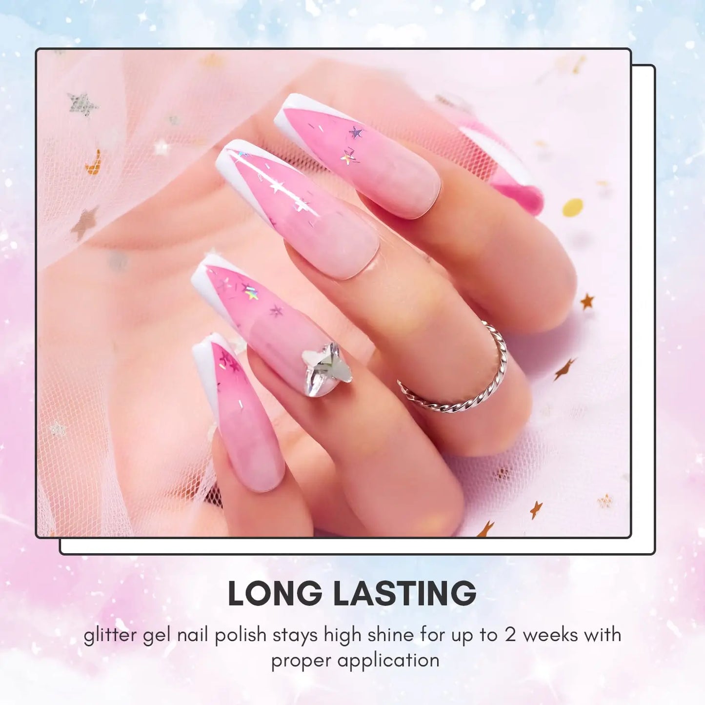 Makartt Gel Nail Polish Set Jelly Clear Glitter Pink Blue Soak Off Gel with Irridescent Stars, Crystal Transparent Nail Varnish