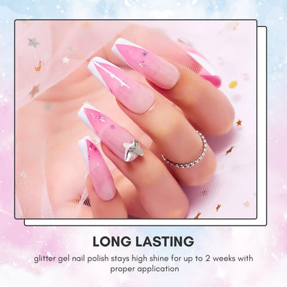 Makartt Gel Nail Polish Set Jelly Clear Glitter Pink Blue Soak Off Gel with Irridescent Stars, Crystal Transparent Nail Varnish