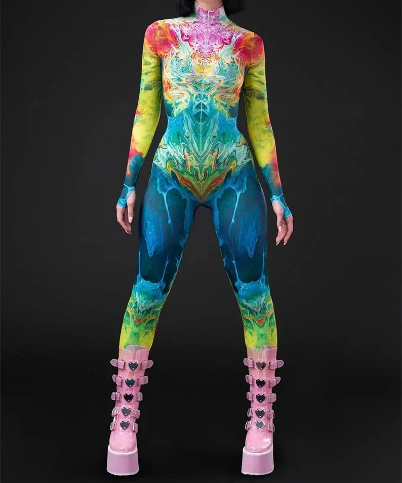 Cosplay Costume Female Woman Sexy Suit Color Element Blue Muscle Halloween Bodysuit Adults High-waisted Sports Jumpsuit