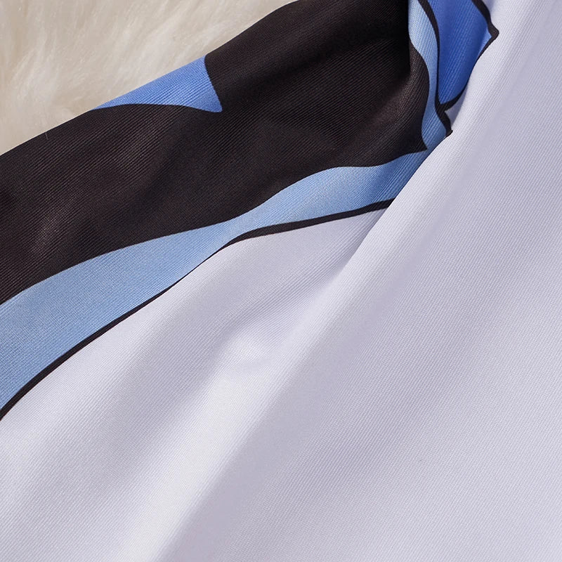 kawaii cartoon bodysuit costume for women close up of white blue and black printed stretch fabric texture